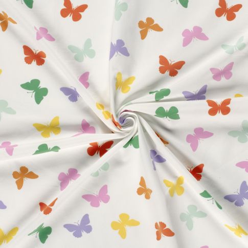 Tissu Jersey Coton Papillon vert, rouge, jaune et lilas sur fond Blanc
