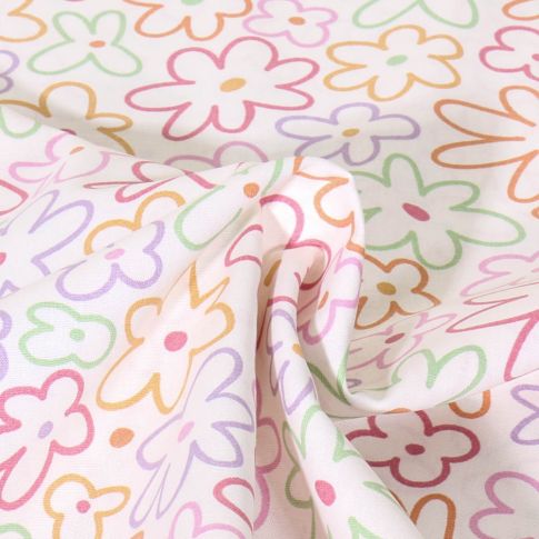 Tissu Popeline de Coton Fleurs lilas, vertes et roses sur fond Blanc