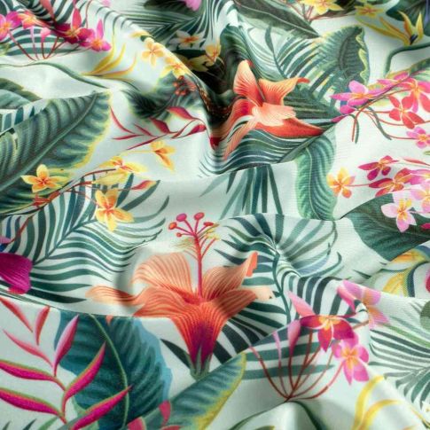 Tissu Lycra maillot de bain tropical Calypso sur fond Vert d'eau