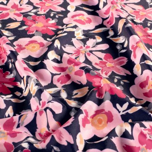 Tissu Lycra fleurs Lyssa roses sur fond Bleu marine