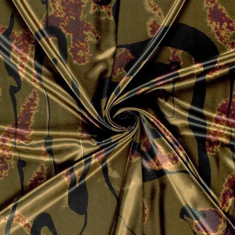 Tissu Satin imprimé Zeyna camouflage artistique Noir sur fond Vert kaki clair