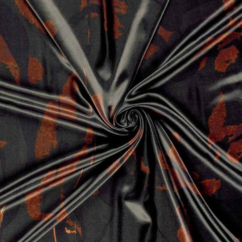 Tissu Satin imprimé Zeyna camouflage artistique Ocre sur fond Noir