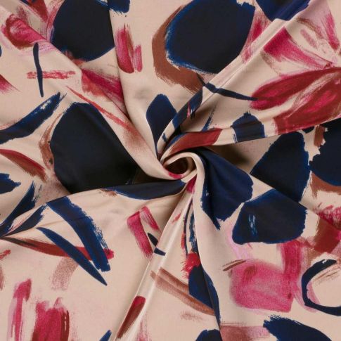 Tissu Satin Duchesse Domitille fleurs Bleu marine sur fond Rose nude