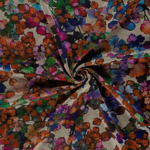 Tissu Jersey Viscose Ambrosia fleurs Orange cuivré sur fond Taupe