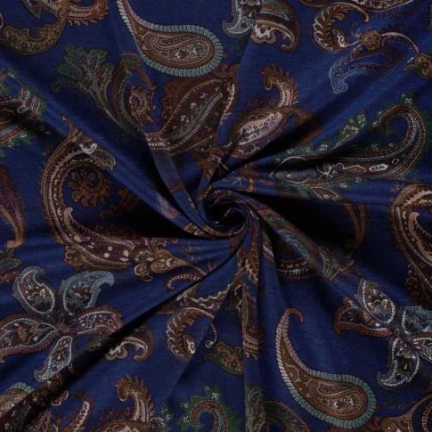 Tissu Jersey Viscose Aliénor motif paisley Marron sur fond Bleu marine