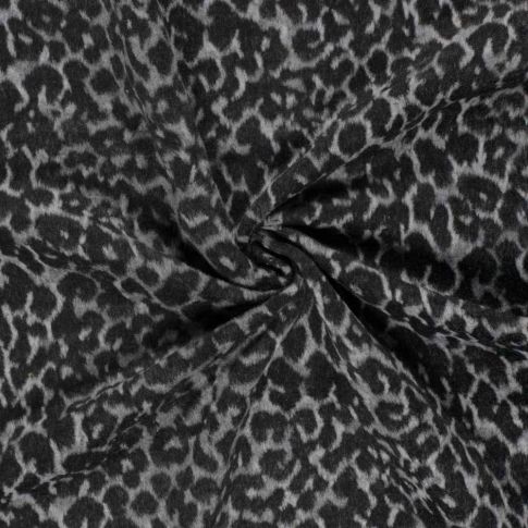 Tissu Jacquard toucher laine Éris léopard Noir sur fond Gris clair