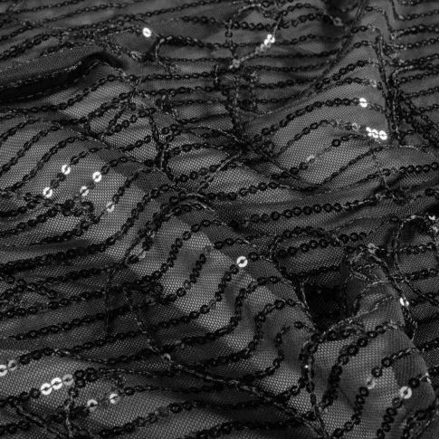 Tissu Mousseline Sequins Ondea extensible motifs franges Noirs sur fond Noir