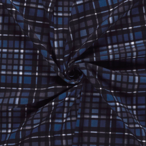 Tissu Flanelle de Coton Théo carreaux Noirs sur fond Bleu nuit