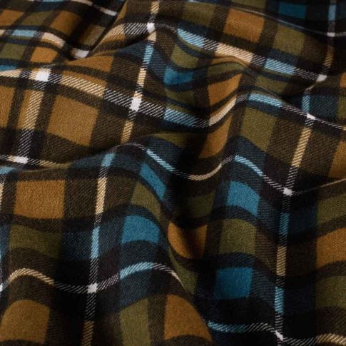 Tissu Flanelle de Coton Théo carreaux Camel , Bleu pétrole et Vert olive sur fond Noir