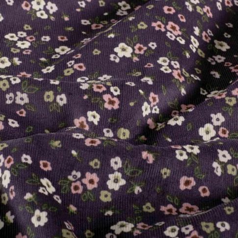 Tissu Velours  milleraies Azalée petites fleurs Roses sur fond Aubergine