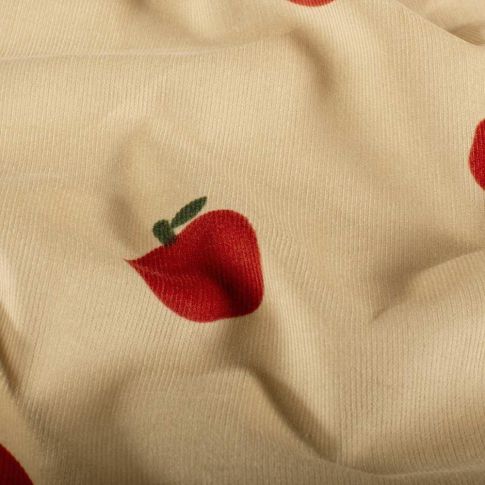 Tissu Velours milleraies Léontine pommes Rouges sur fond Beige sable