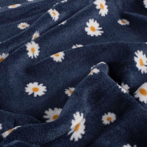 Tissu Jersey Velours tout doux Aurel pâquerettes Blanches sur fond Bleu marine