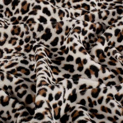 Tissu Velours tout doux Elina motif léopard Fauve sur fond Ecru
