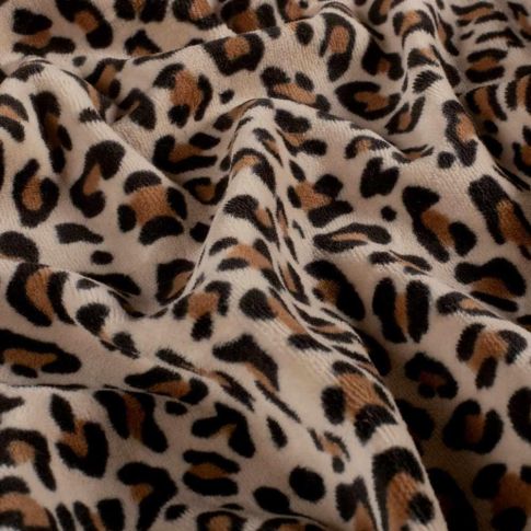 Tissu Velours tout doux Nahia motif léopard Fauve sur fond Beige sable
