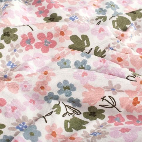 Tissu Sweat léger French Terry Sylvia extensible fleurs stylisées sur fond Blanc cassé