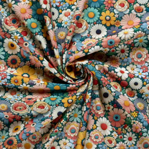 Tissu Softshell  Digital Colette fleurs retro Multicolores sur fond Bleu canard
