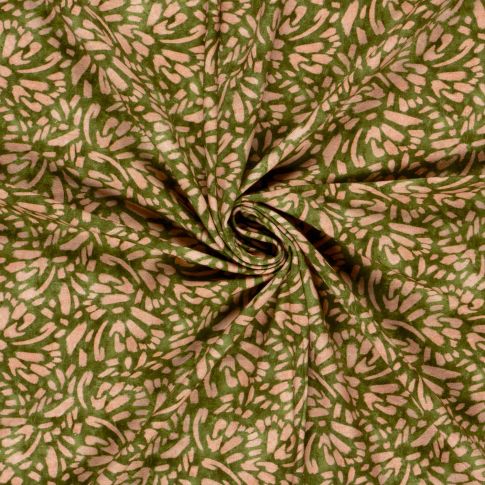 Tissu Sweat léger French Terry Margot extensible feuilles Kaki sur fond Ecru