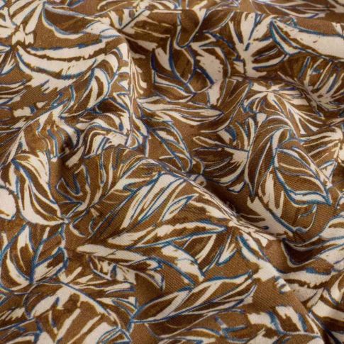 Tissu Sweat léger French Terry Marina extensible feuilles Ecru sur fond Marron