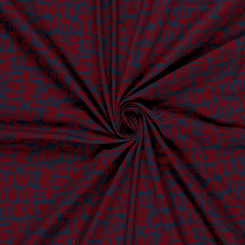 Tissu Sweat léger French Terry Emily feuillages stylisés Bordeaux sur fond Bleu nuit