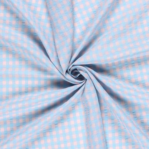 Tissu Seersucker Carreaux rose pâle sur fond Bleu ciel