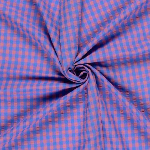 Tissu Seersucker Carreaux rose sur fond Violet