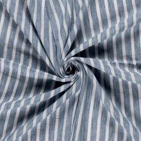 Tissu Polyester aspect Lin Rayures Anna sur fond Bleu denim