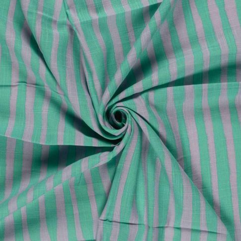 Tissu Viscose Coton aspect Lin rayures Vert Menthe sur fond Gris