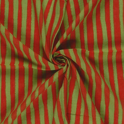 Tissu Viscose Coton aspect Lin rayures Terracota sur fond Vert olive