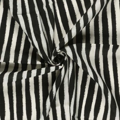 Tissu Viscose Coton aspect Lin rayures Noir sur fond Blanc cassé