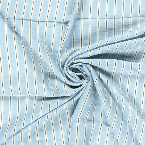 Tissu Crêpe de Viscose Basile fines rayures sur fond Bleu ciel