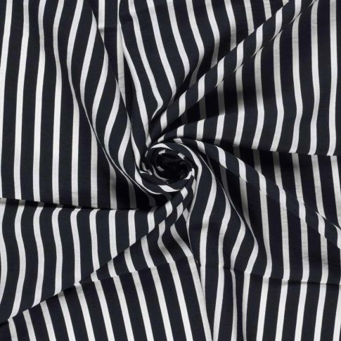 Tissu Crêpe de Viscose Basile fines rayures sur fond Noir