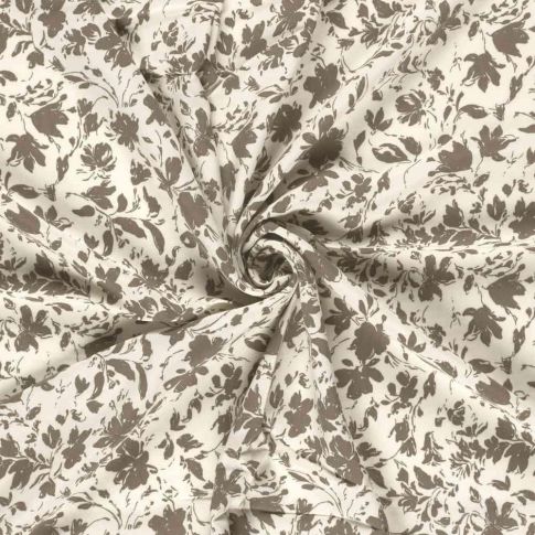 Tissu Popeline de Bambou Célestine motif floral Marron sur fond Ecru