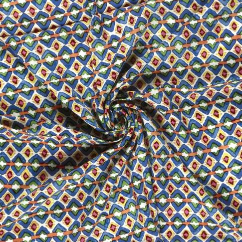 Tissu Viscose imprimé Olympe mosaïque Indigo sur fond Blanc cassé