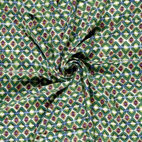 Tissu Viscose imprimé Olympe mosaïque Vert sur fond Blanc cassé
