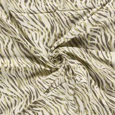 Tissu Viscose satiné Hermine zébré Kaki et Taupe sur fond Ecru