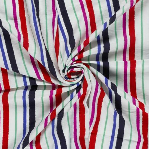 Tissu Crêpe de Viscose Lucien rayures Noir, Bleu et Rouge sur fond Blanc