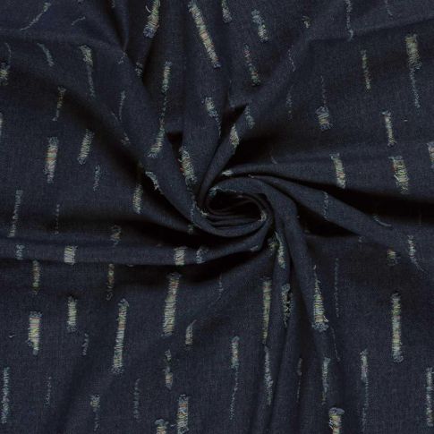 Tissu Jean Denim déchirures fils multicolore sur fond Bleu marine