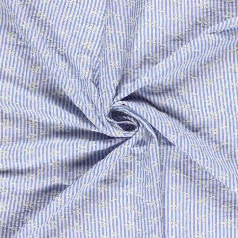 Tissu Popeline de Coton  Brodé petites fleurs rayures Blanc sur fond Bleu ciel
