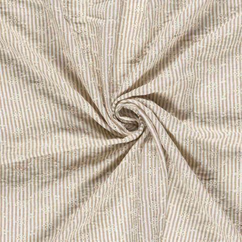 Tissu Popeline de Coton  Brodé petites fleurs rayures Blanc sur fond Beige