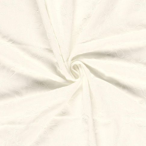 Tissu Viscose Lin chaine et trame Alice broderie fleurs sur fond Blanc cassé