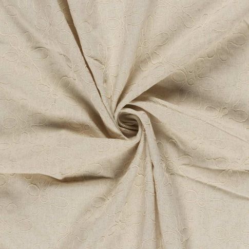 Tissu Viscose Lin chaine et trame Alice broderie fleurs sur fond Beige