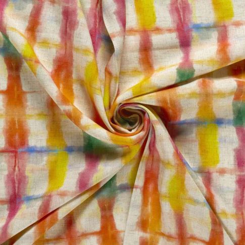 Tissu Lin Viscose imprimé Angèle quadrillage arc-en-ciel sur fond Ecru chiné