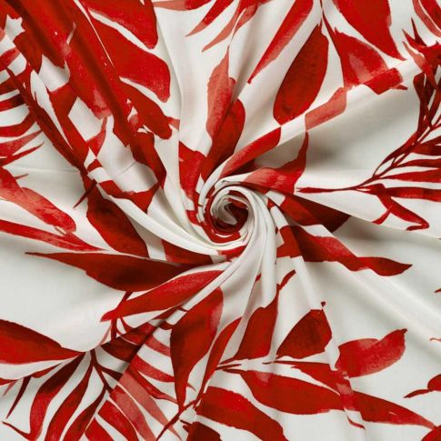 Tissu Viscose imprimé Apolline feuillage Rouge sur fond Blanc cassé