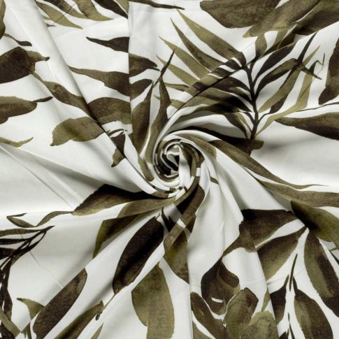 Tissu Viscose imprimé Apolline feuillage Kaki sur fond Blanc cassé