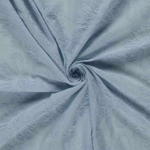 Tissu Coton brodé Adriana grandes fleurs sur fond Bleu ancien