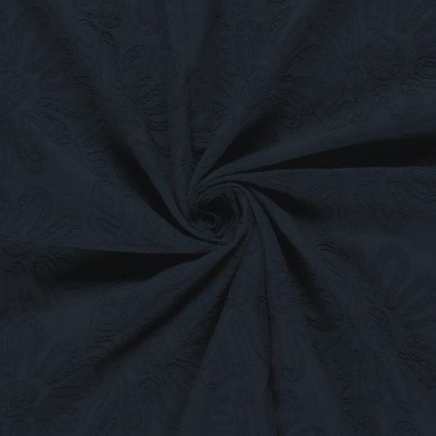 Tissu Coton brodé Adriana grandes fleurs sur fond Bleu marine