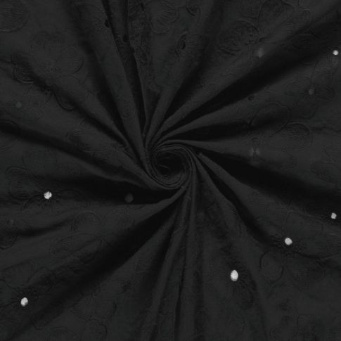 Tissu Coton brodé ajouré Adèle fleuri sur fond Noir
