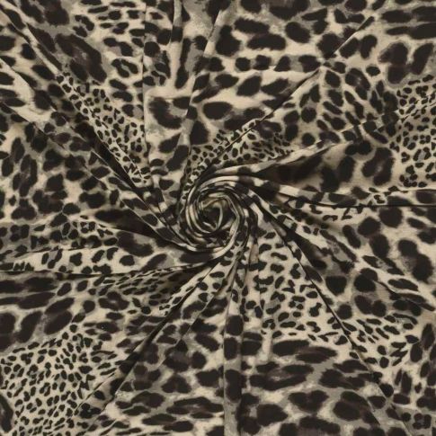 Tissu Jersey Viscose digital motif léopard Brun et Noir sur fond Grège