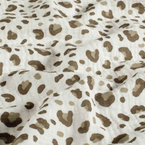 Tissu Double gaze de Coton motif panthère Taupe et Beige sur fond Blanc cassé