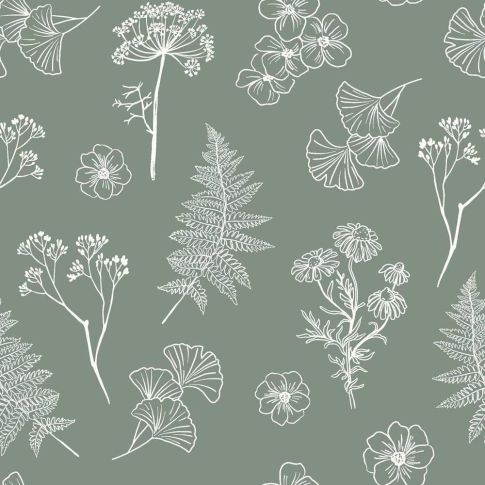 Tissu Popeline de Coton Herbier Sauge sur fond Vert